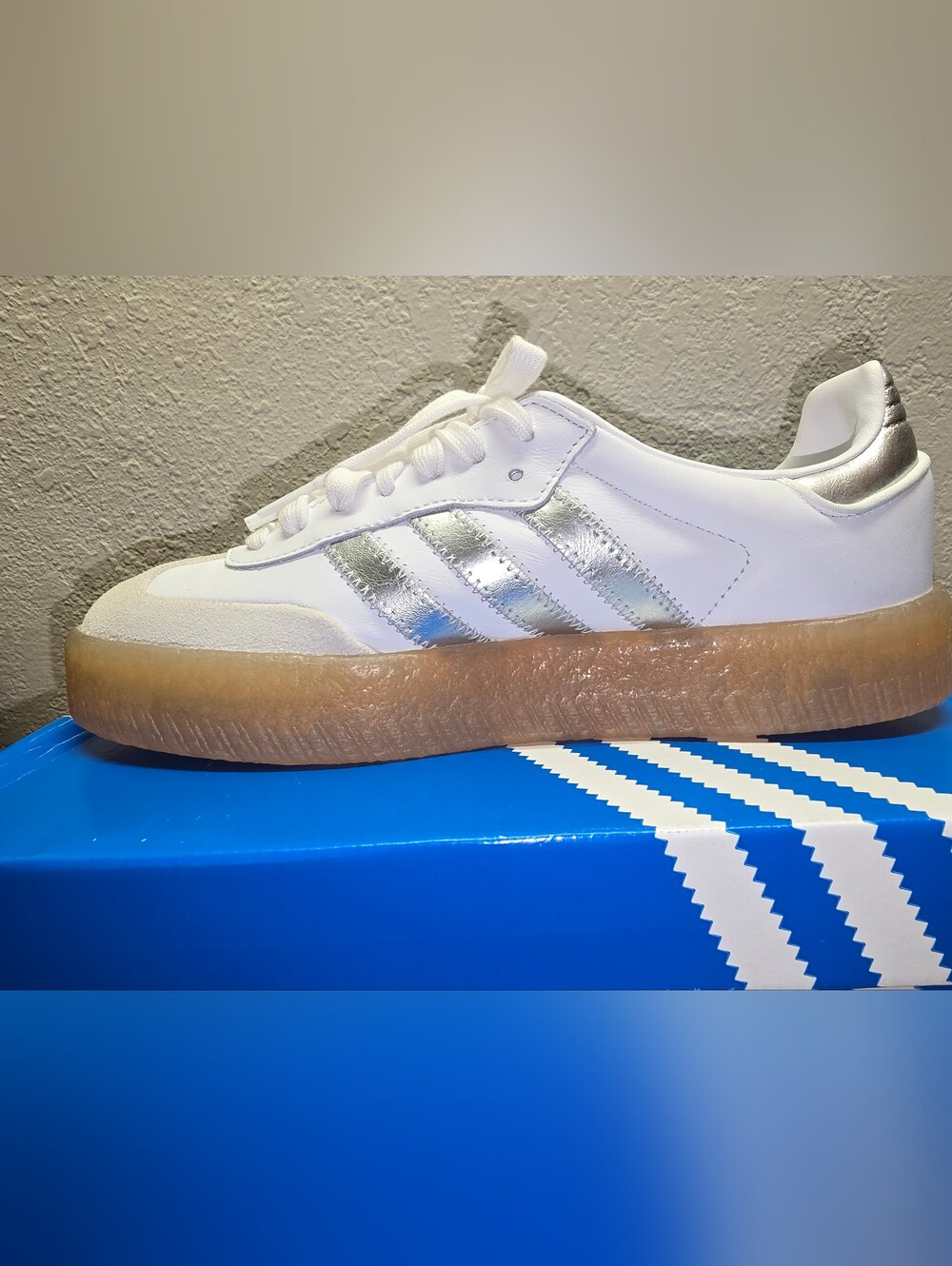 adidas White Sneakers with Silver Stripes and Gum Platform